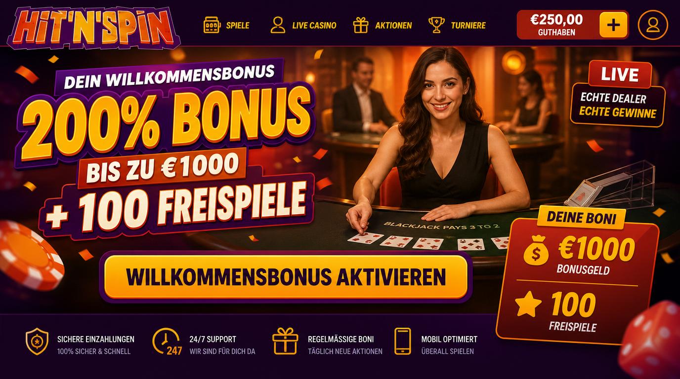 Ein Live-Casino-Szenario mit Bonusanzeige und „Willkommenspaket“, Freispiele und Geldbonus sichtbar im Interface