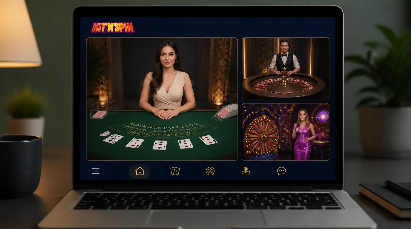 Digitale Live-Casino-Ansicht mit professioneller Dealerin, Blackjack-Tisch und Roulette-Übertragung
