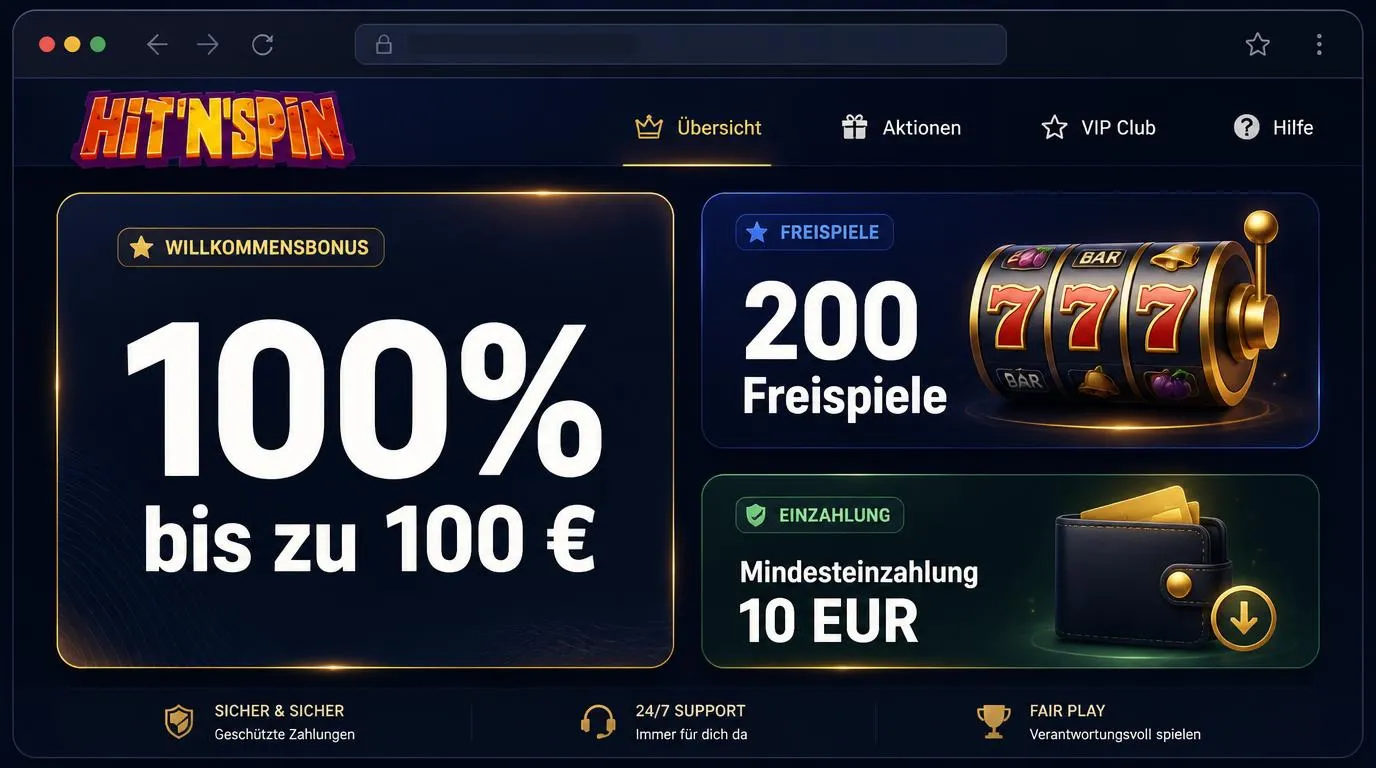 Bonusübersicht mit 100 Prozent bis 100 Euro, 200 Freispielen und 10 Euro Mindesteinzahlung