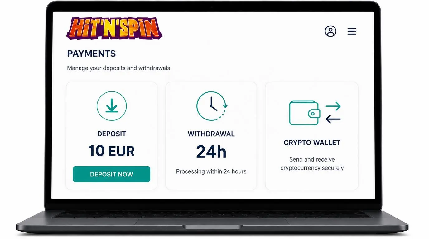 Digitale Zahlungsübersicht mit 10 EUR Einzahlung, Auszahlung innerhalb von 24 Stunden und Krypto-Optionen