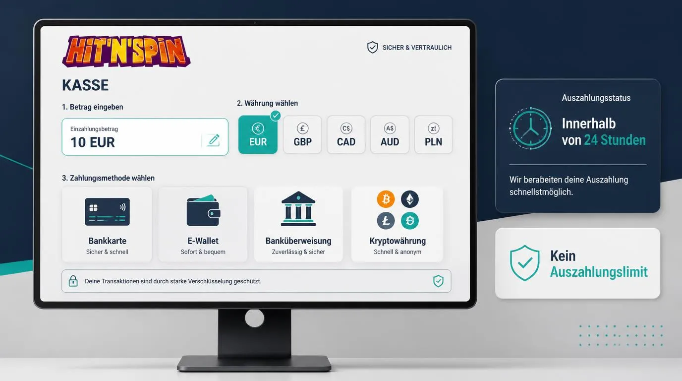 Digitale Casinokasse mit Euro-Auswahl, Einzahlung ab 10 EUR und Symbolen für Karten, Wallets und Kryptowährungen