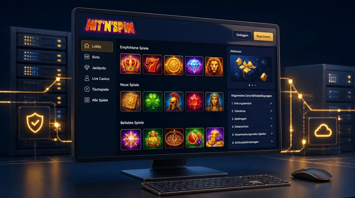 Digitale Casino-Oberfläche mit Spielekacheln, Aktionsbereich und stilisierter Servertechnik