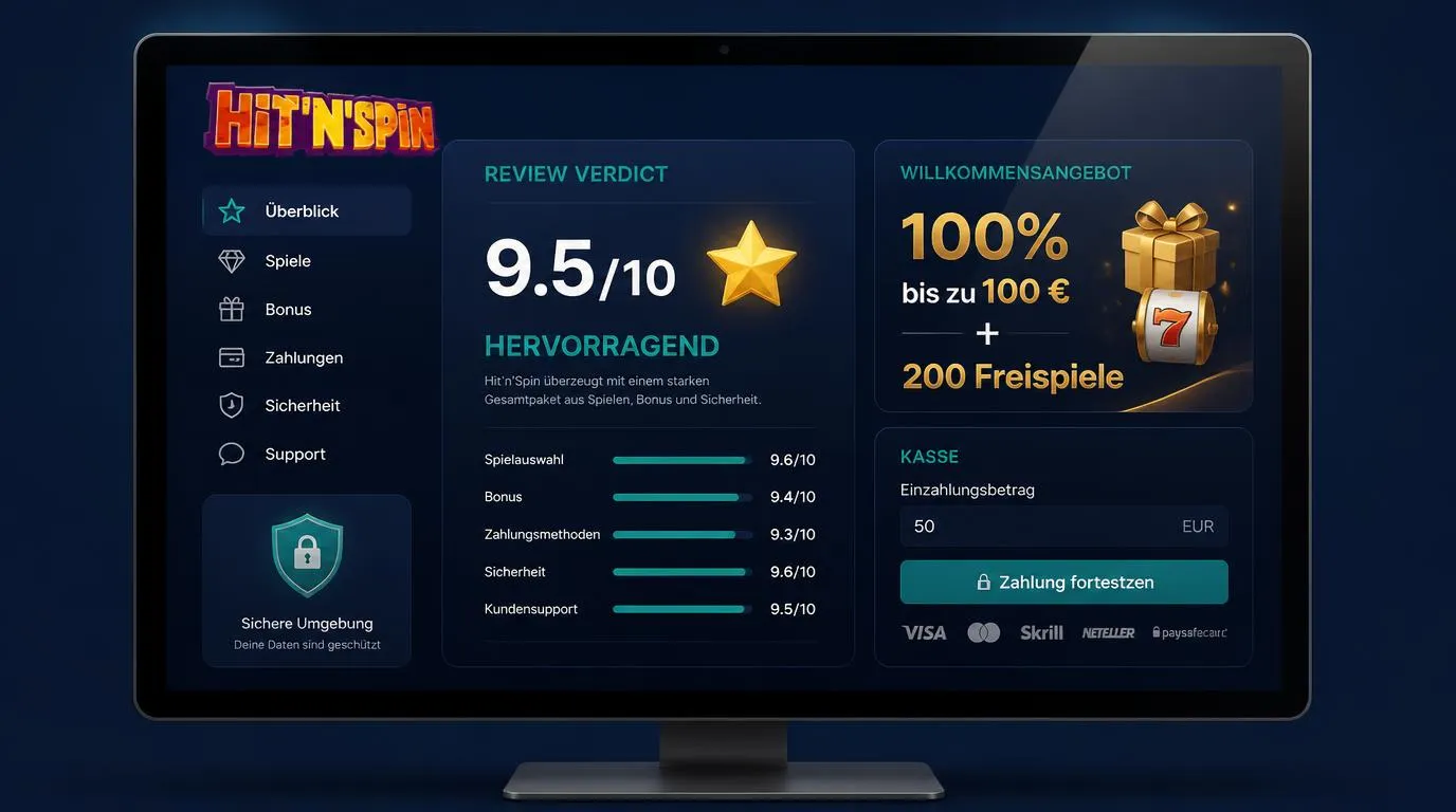 Illustrative Casino-Bewertung mit 9,5 von 10 Punkten und Willkommensangebot neben einer digitalen Kasse